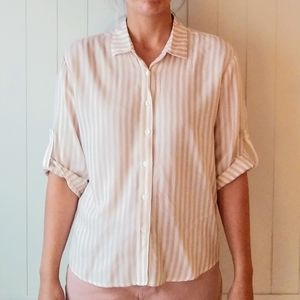 F21 Striped Cream Mid Sleeve Button Down (M)